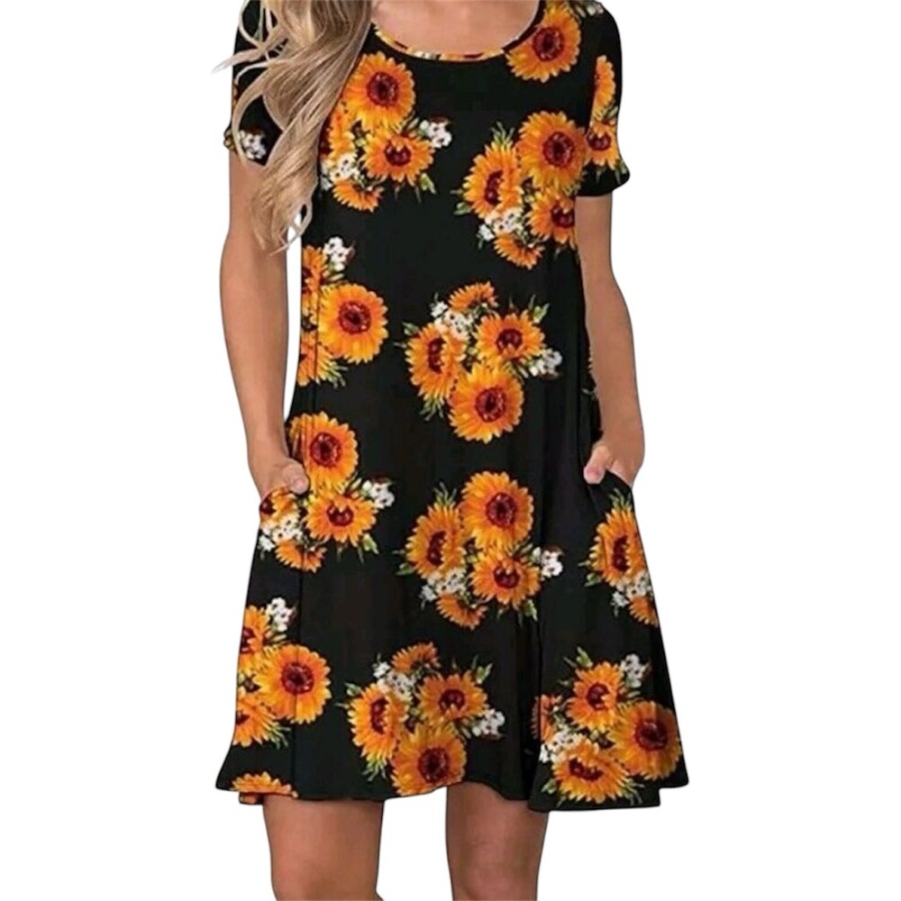 Boutique Sunflowers on Black Background T-shirt Dress | Size Small - Picture 6 of 6